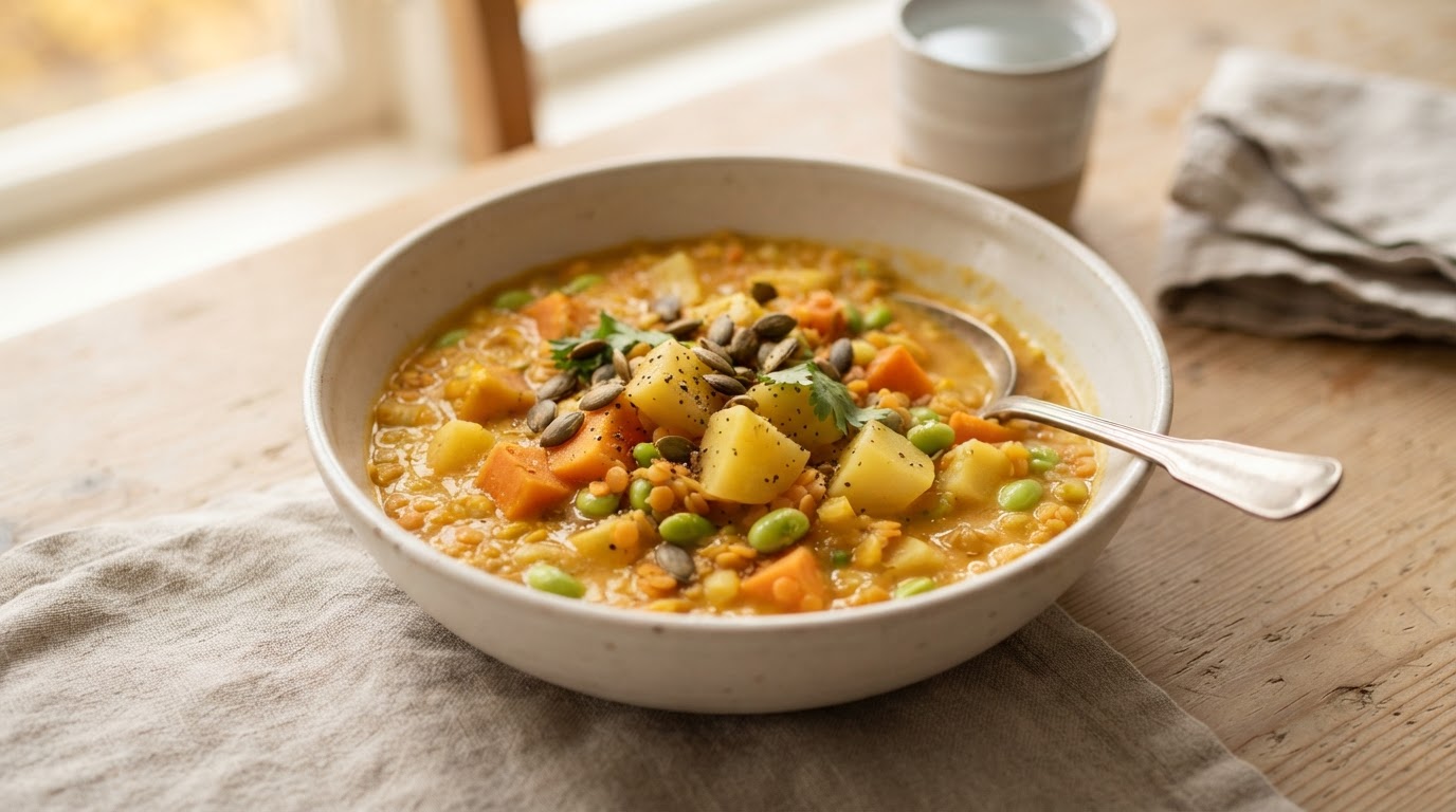 Kremet linsesuppe med søtpotet og edamamebønner – illustrasjonsbilde