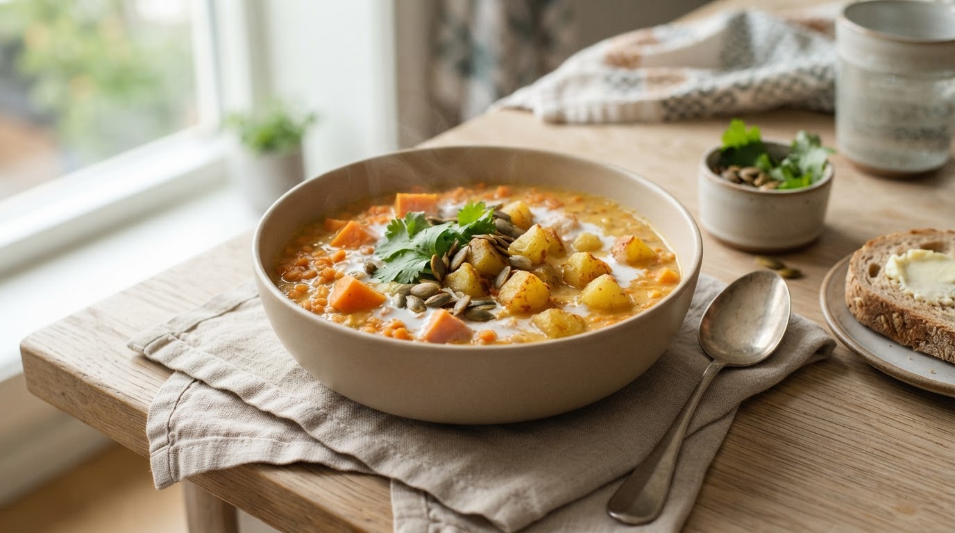 Kremet linsesuppe med søtpotet og kokos – illustrasjonsbilde
