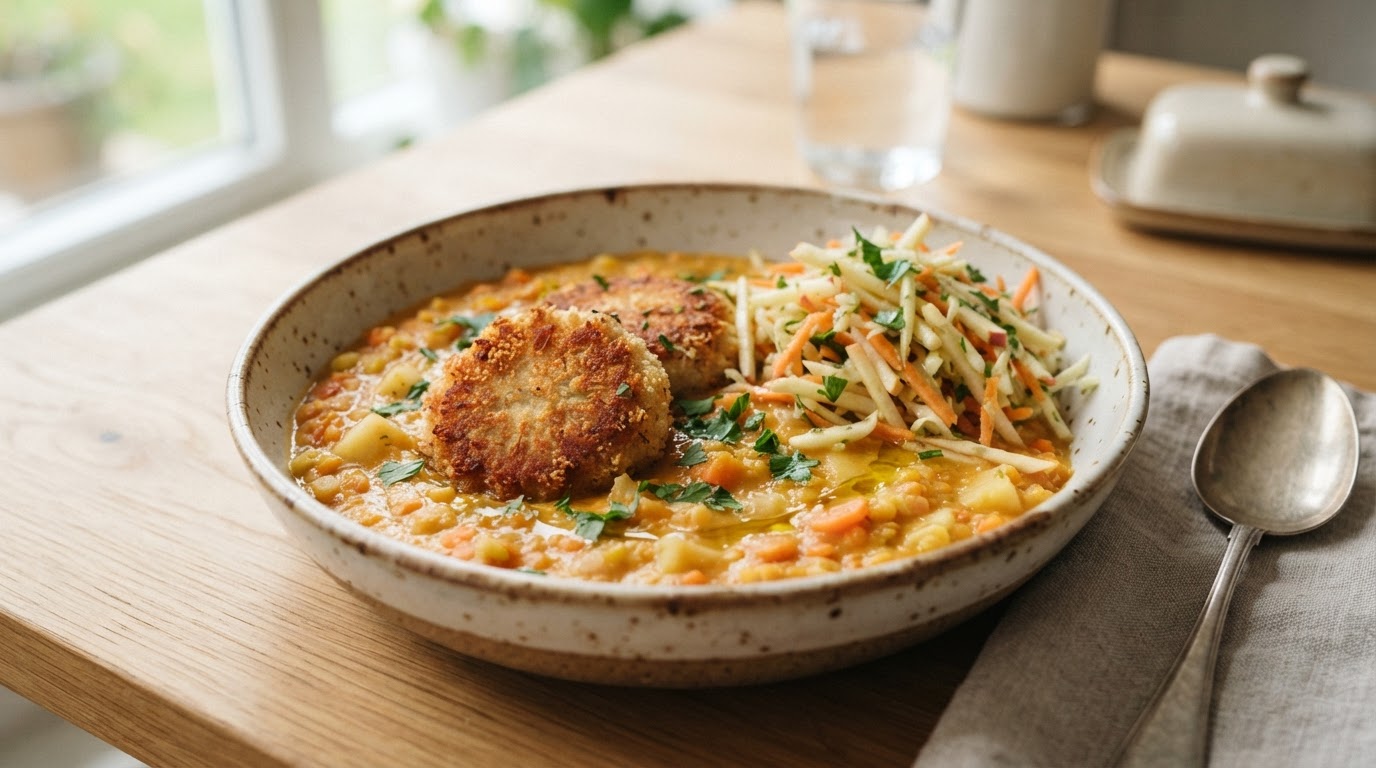 Kremet linsesuppe med sprøstekte fiskekaker og epleråkost – slik ser retten ut