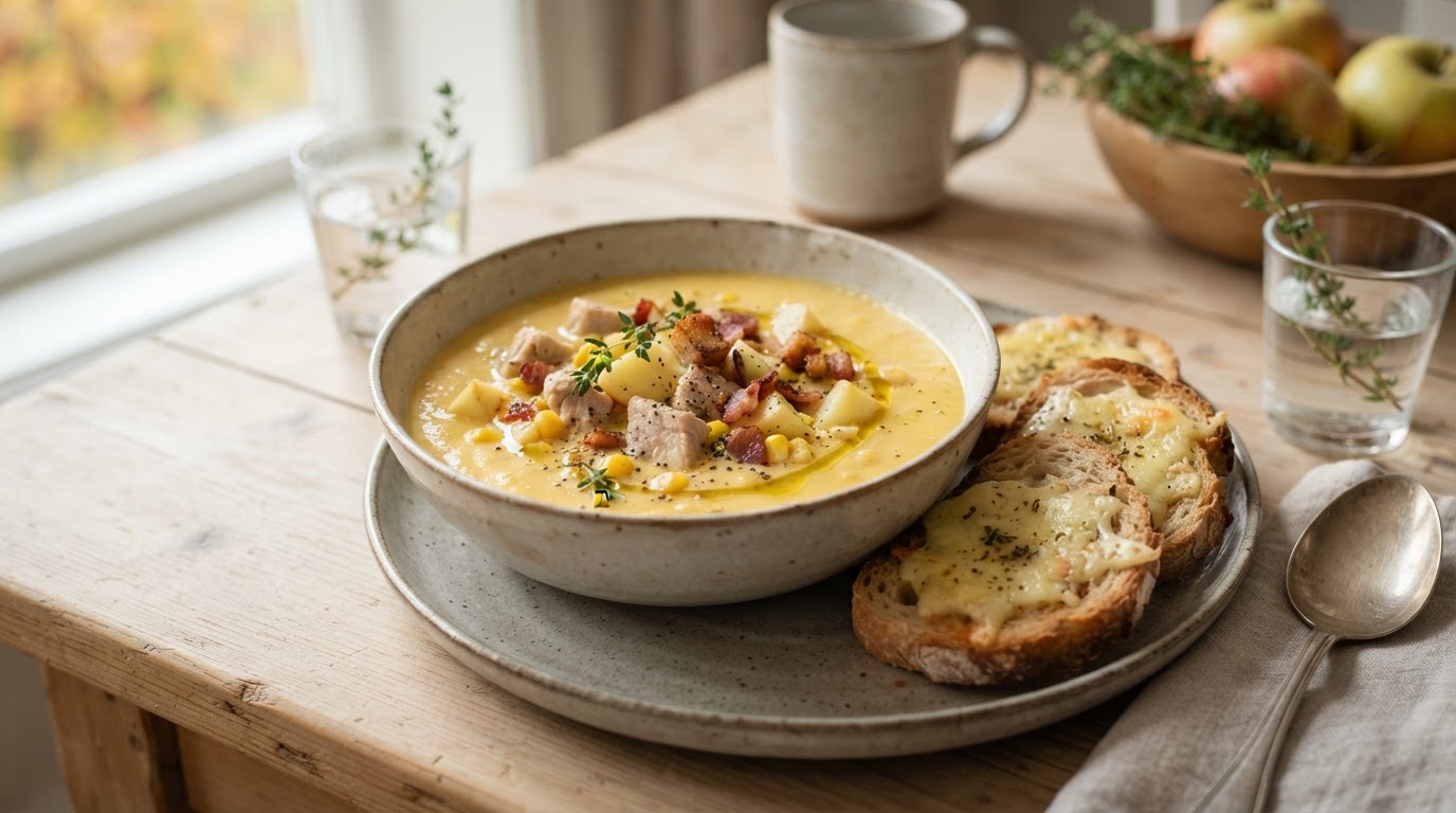 Kremet maissuppe med saftig kalkun, norske epler og varme ostebrød – illustrasjonsbilde