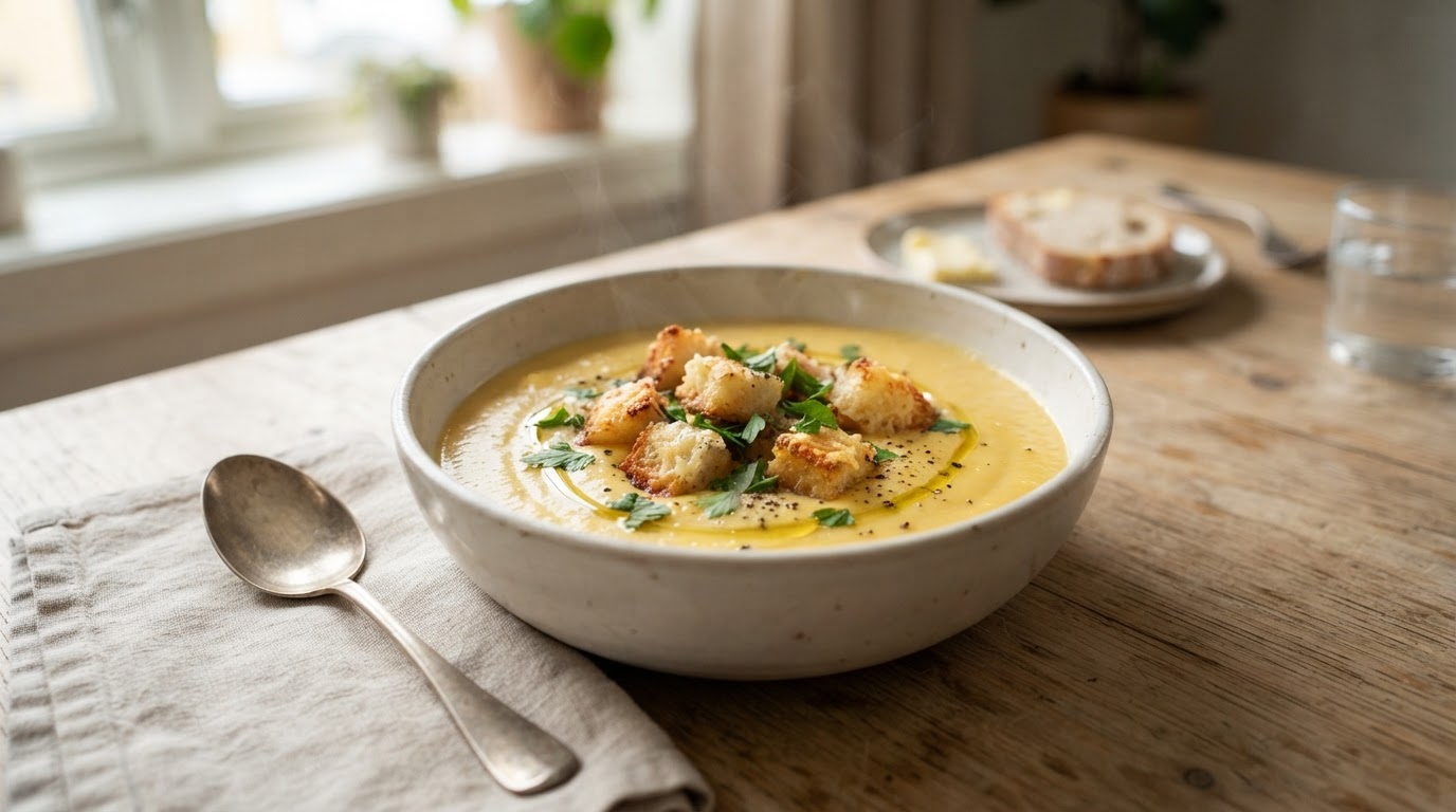Kremet maissuppe med sprø ostekrutonger – slik ser retten ut