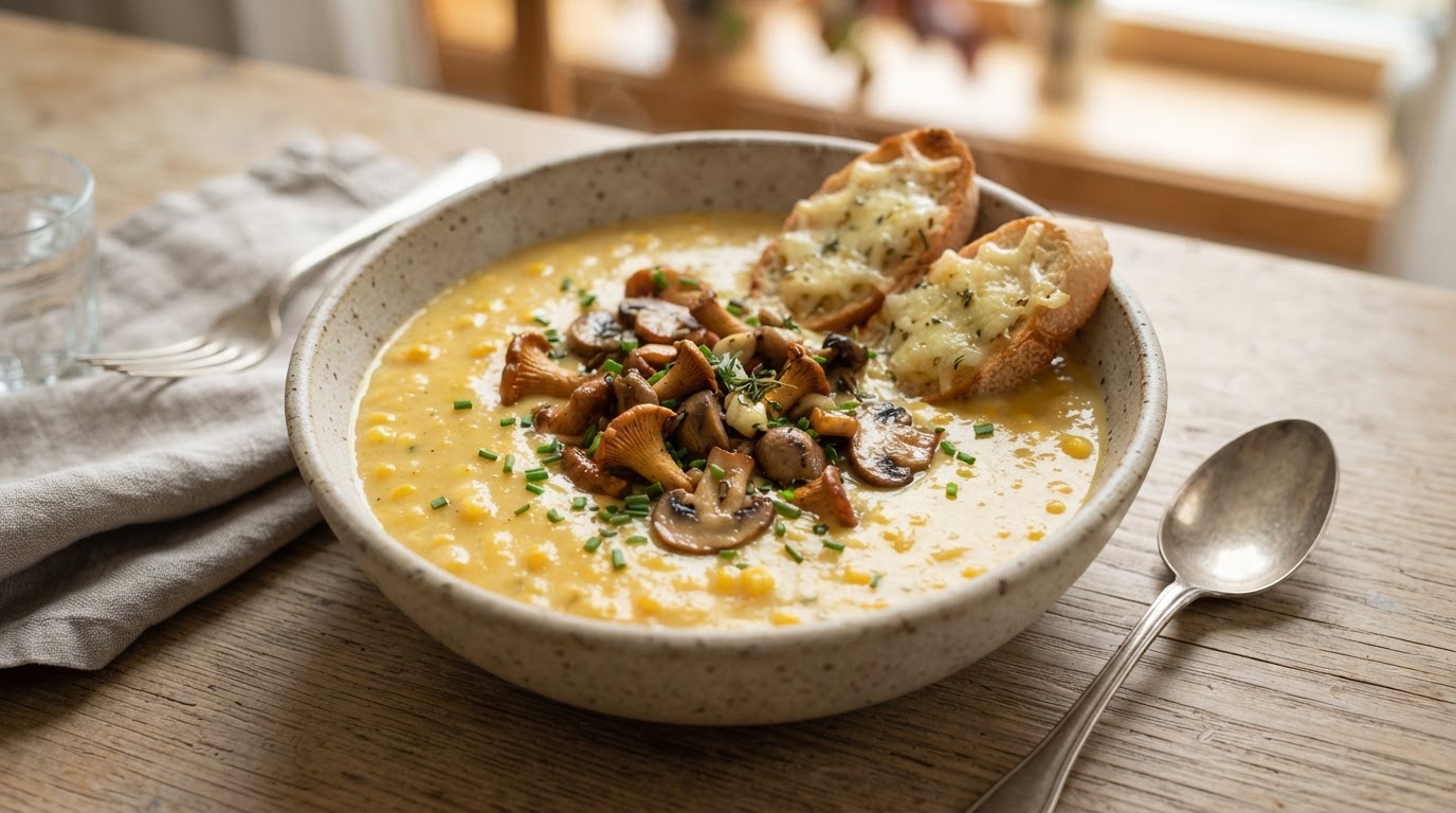 Kremet maissuppe med stekt sopp og ostecrostini – slik ser retten ut