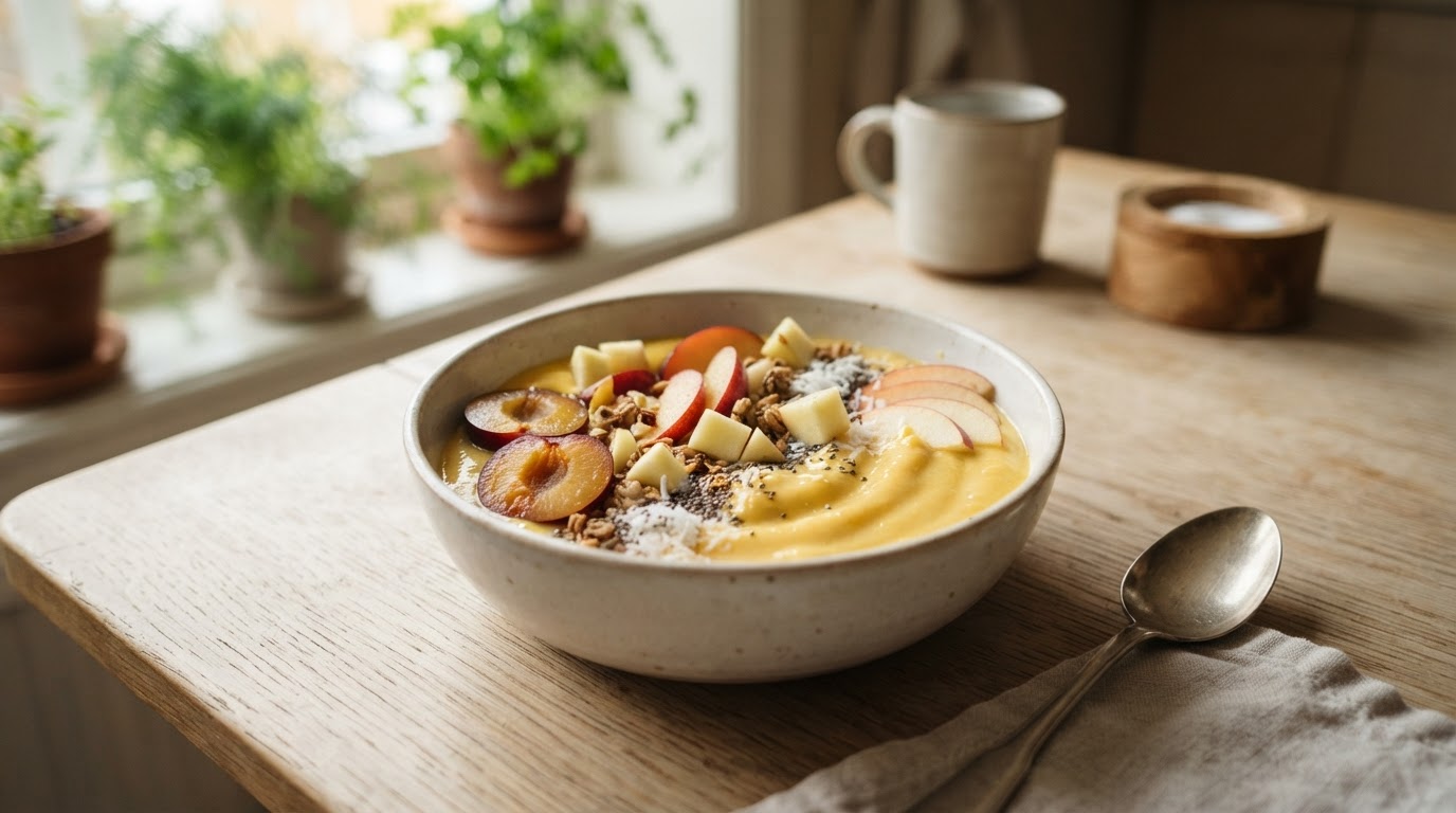 Kremet mangosmoothie med norske augustplommer og eple – illustrasjonsbilde