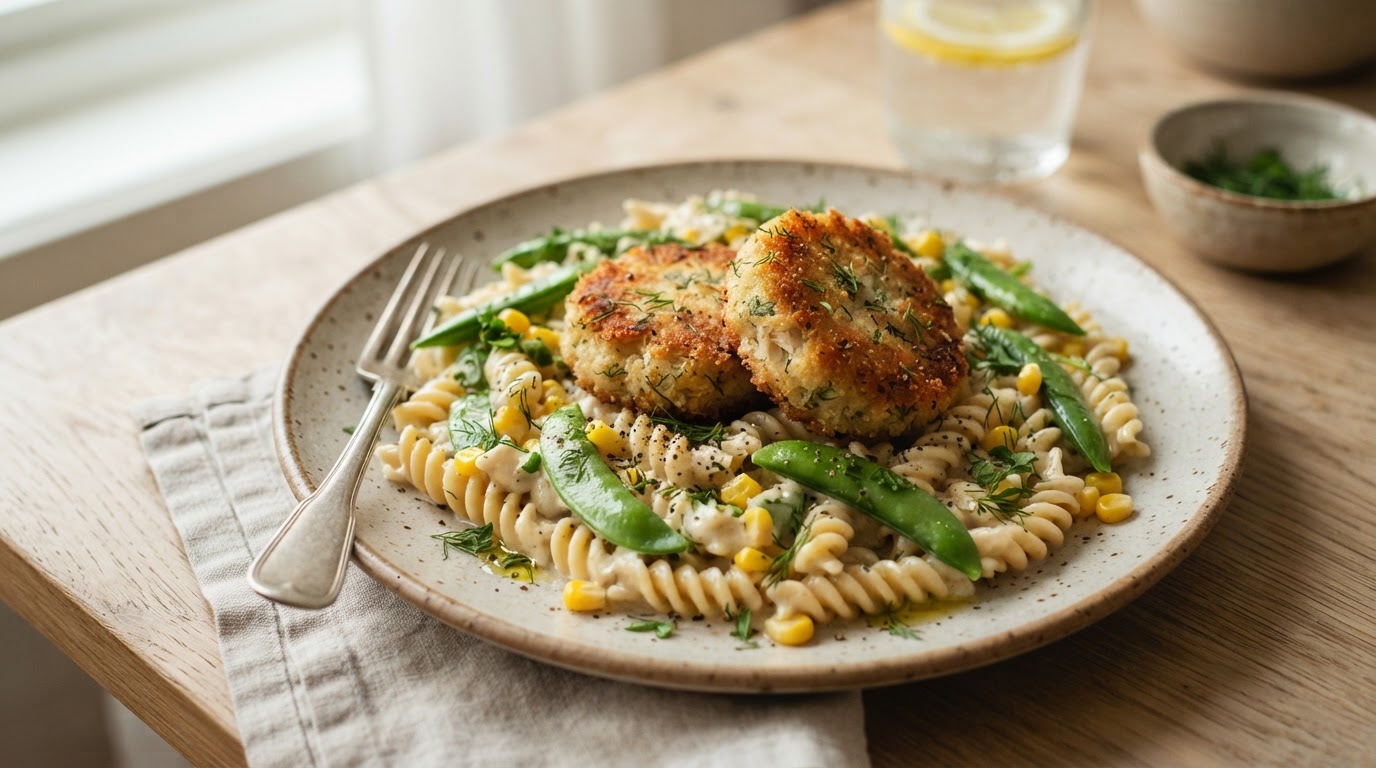 Kremet melkefri vegetarpasta med sprø veganske fiskekaker og fersk mais – slik ser retten ut