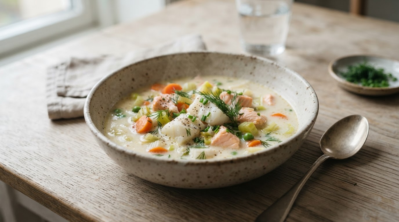 Kremet og mild fiskesuppe for hele familien – illustrasjonsbilde
