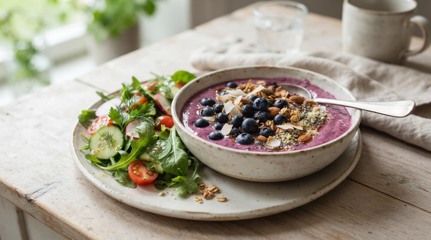 Kremet og proteinrik smoothiebowl med norske augustblåbær – illustrasjonsbilde