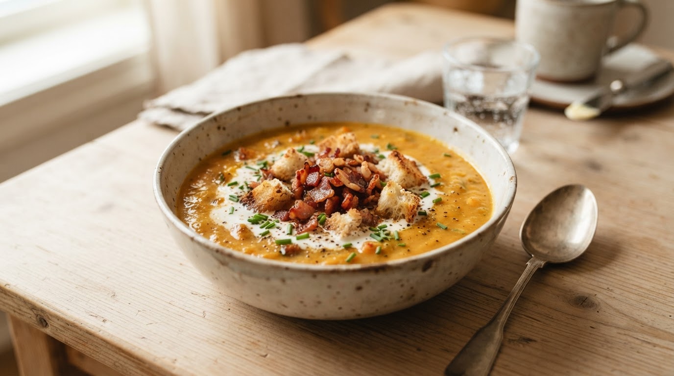 Kremet ovnsbakt rotgrønnsakssuppe med sprøstekt bacon – slik ser retten ut