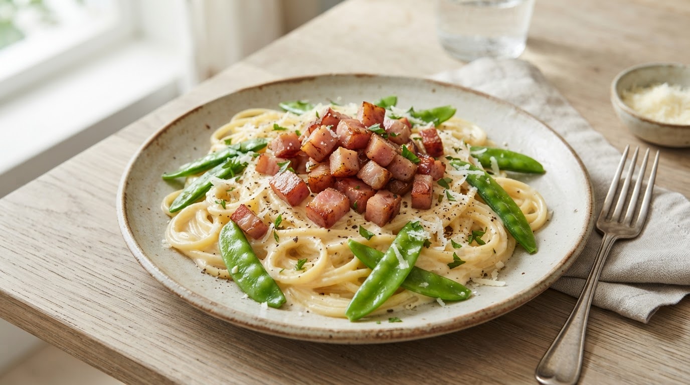 Kremet pasta carbonara med skinke og norske sukkererter – illustrasjonsbilde