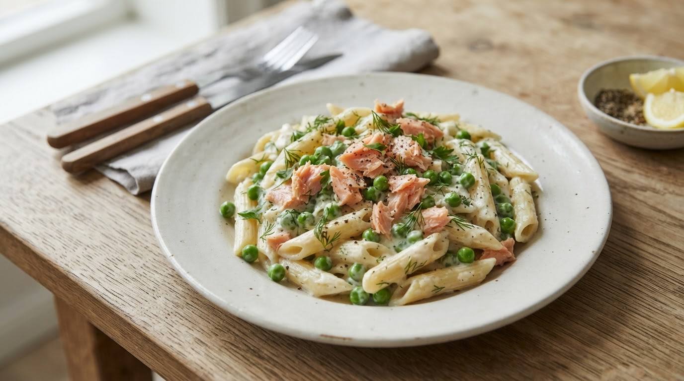 Kremet pasta med laks og erter