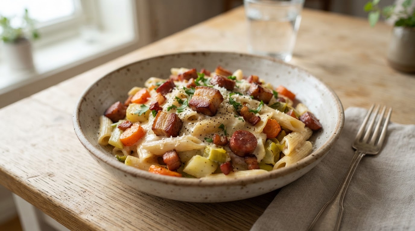 Kremet pasta med rotgrønnsaker og sprøtt bacon – illustrasjonsbilde