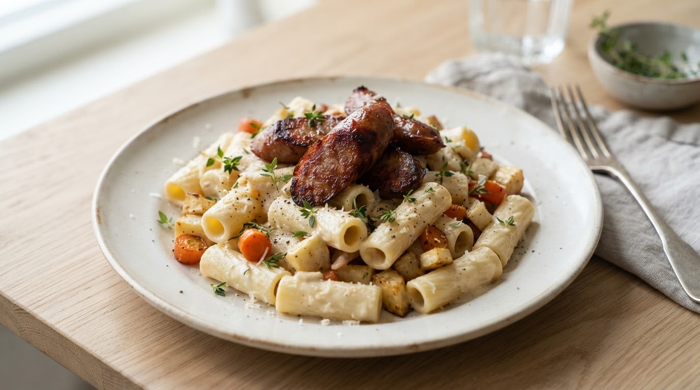 Kremet pasta med sprøstekt julepølse og rotgrønnsaker – illustrasjonsbilde