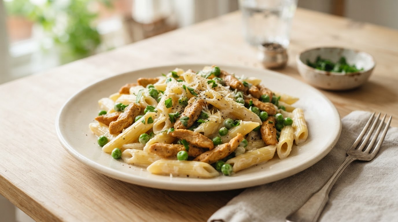 Kremet pasta med vegansk kylling og erter – illustrasjonsbilde