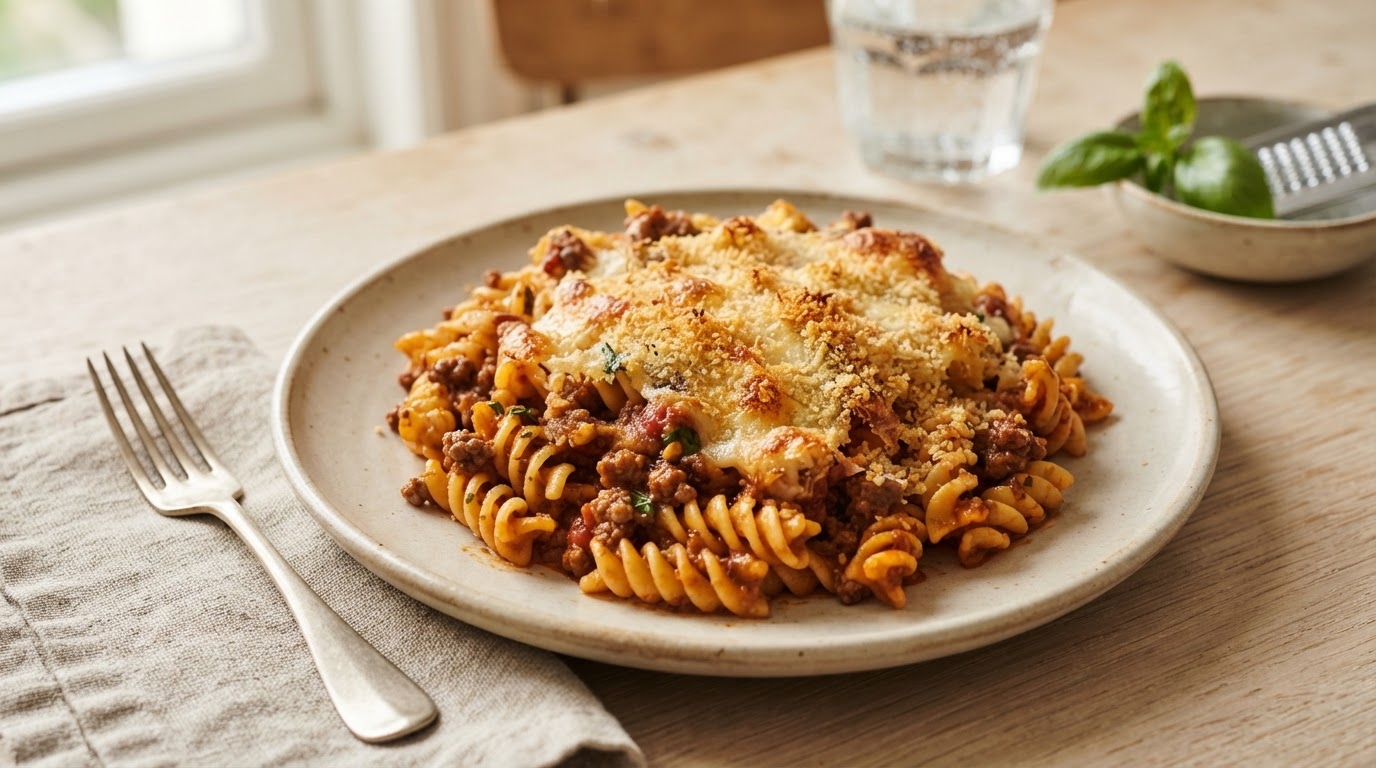 Kremet pastagrateng med bolognese og sprøtt ostelokk – illustrasjonsbilde