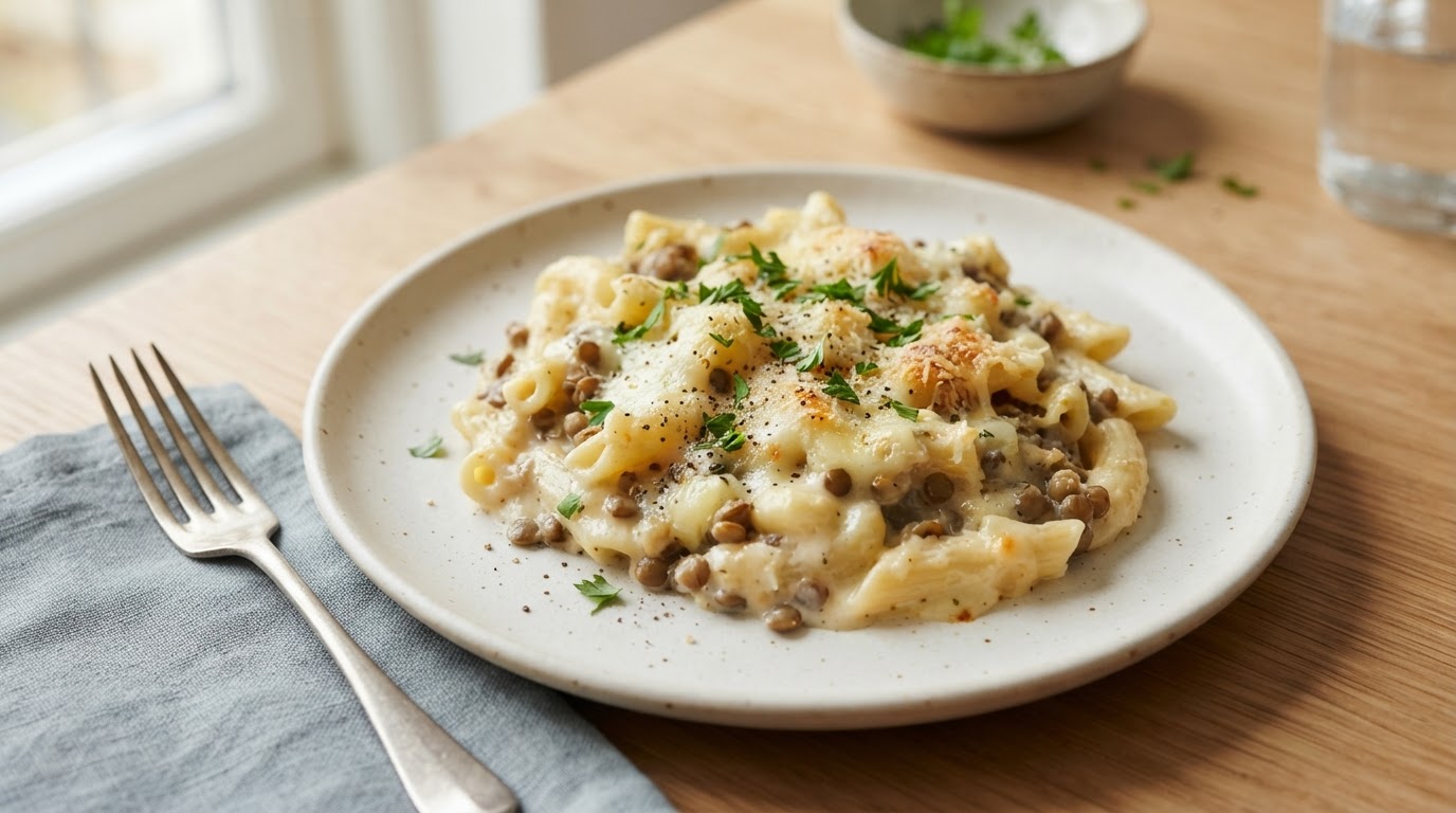 Kremet pastagrateng med linser og ost