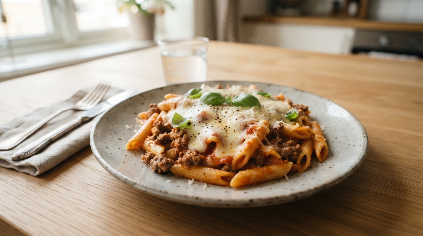 Kremet pastapanne med storfekjøttdeig og mozzarella – slik ser retten ut