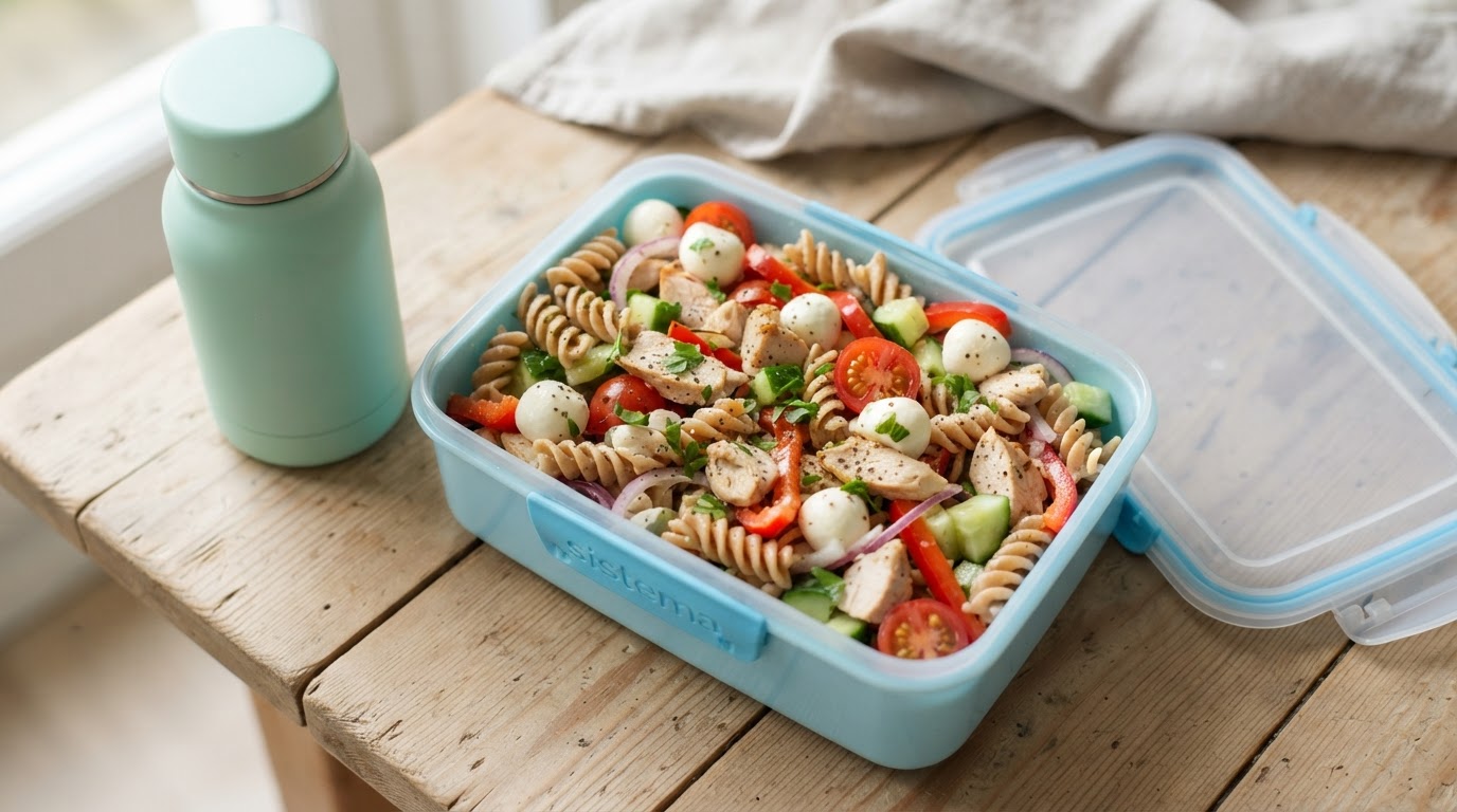 Kremet pastasalat med kylling, mozzarella og sprø grønnsaker – illustrasjonsbilde