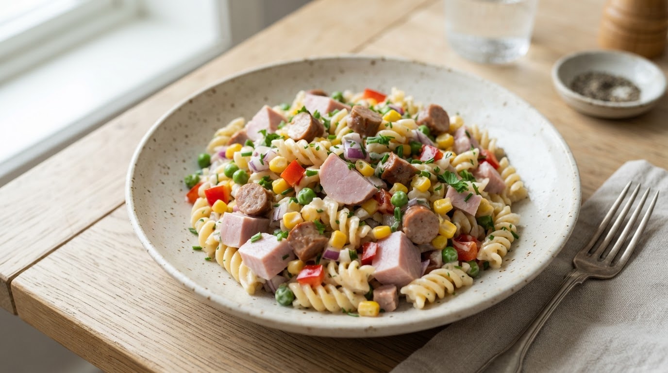 Kremet pastasalat med skinke og fersk mais – illustrasjonsbilde