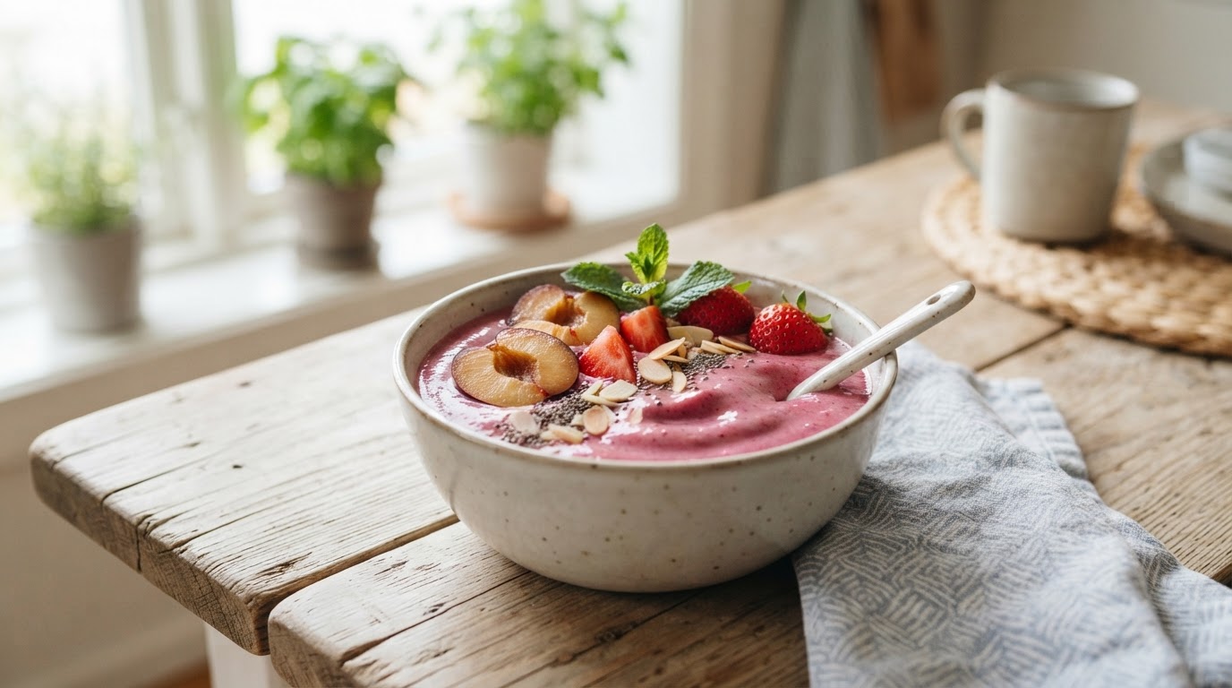 Kremet plommesmoothie med jordbær og kefir – illustrasjonsbilde
