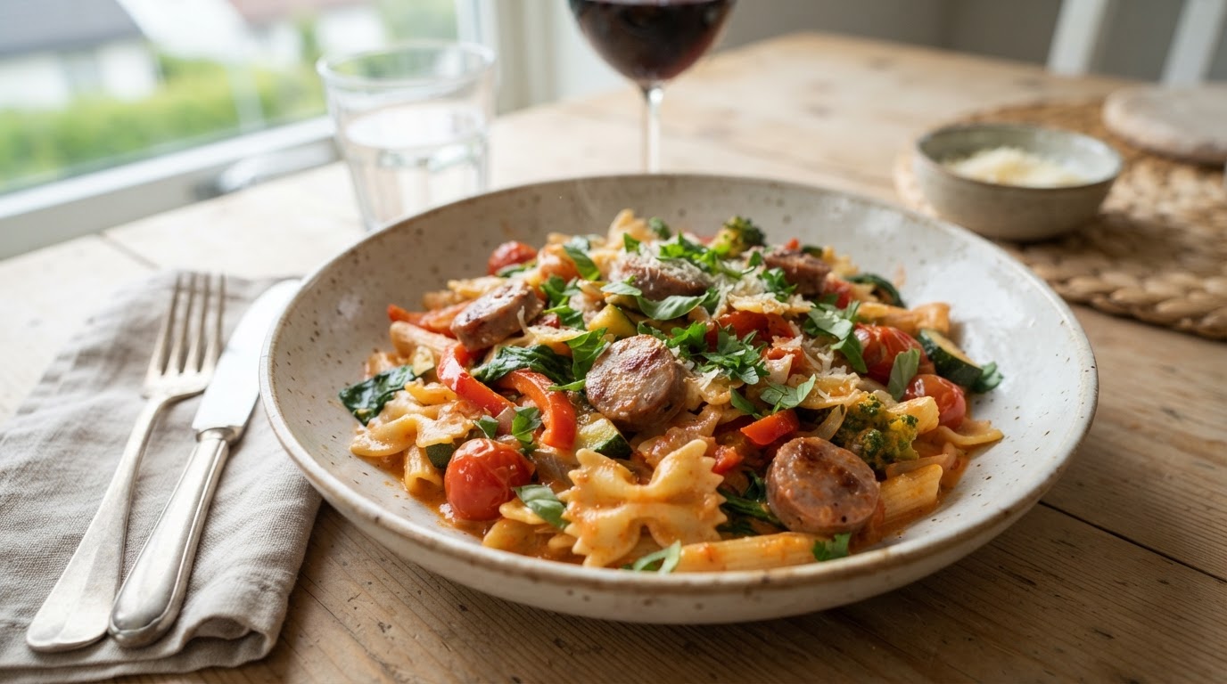 Kremet pølse- og pastapanne i tomatsaus – slik ser retten ut