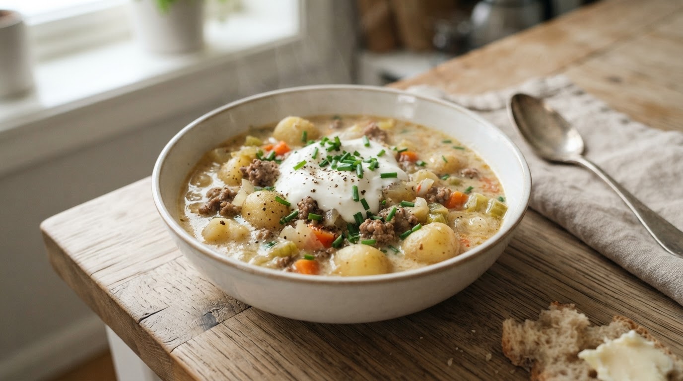 Kremet potet- og kjøttdeigsuppe med nypoteter – illustrasjonsbilde