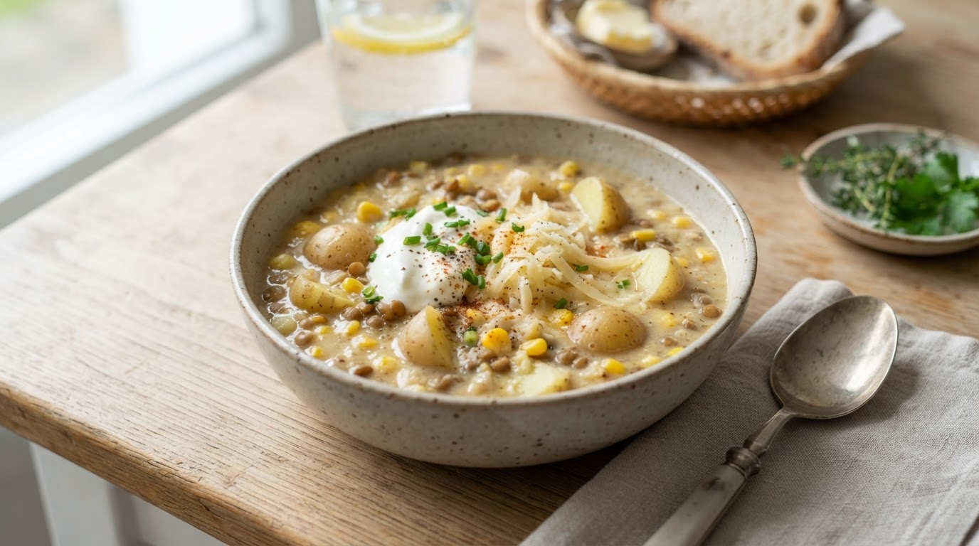 Kremet potet- og maissuppe med linser – slik ser retten ut