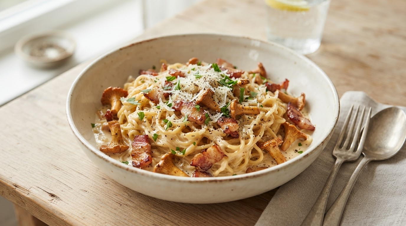 Kremet Ramen Carbonara med Kyllingbacon og Kantareller – slik ser retten ut