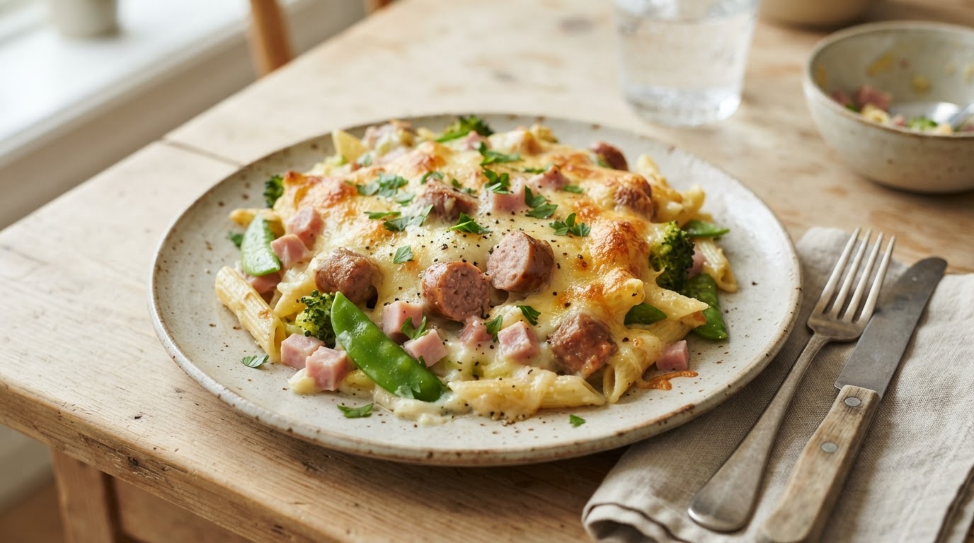 Kremet restegrateng med pasta, skinke og sukkererter – slik ser retten ut