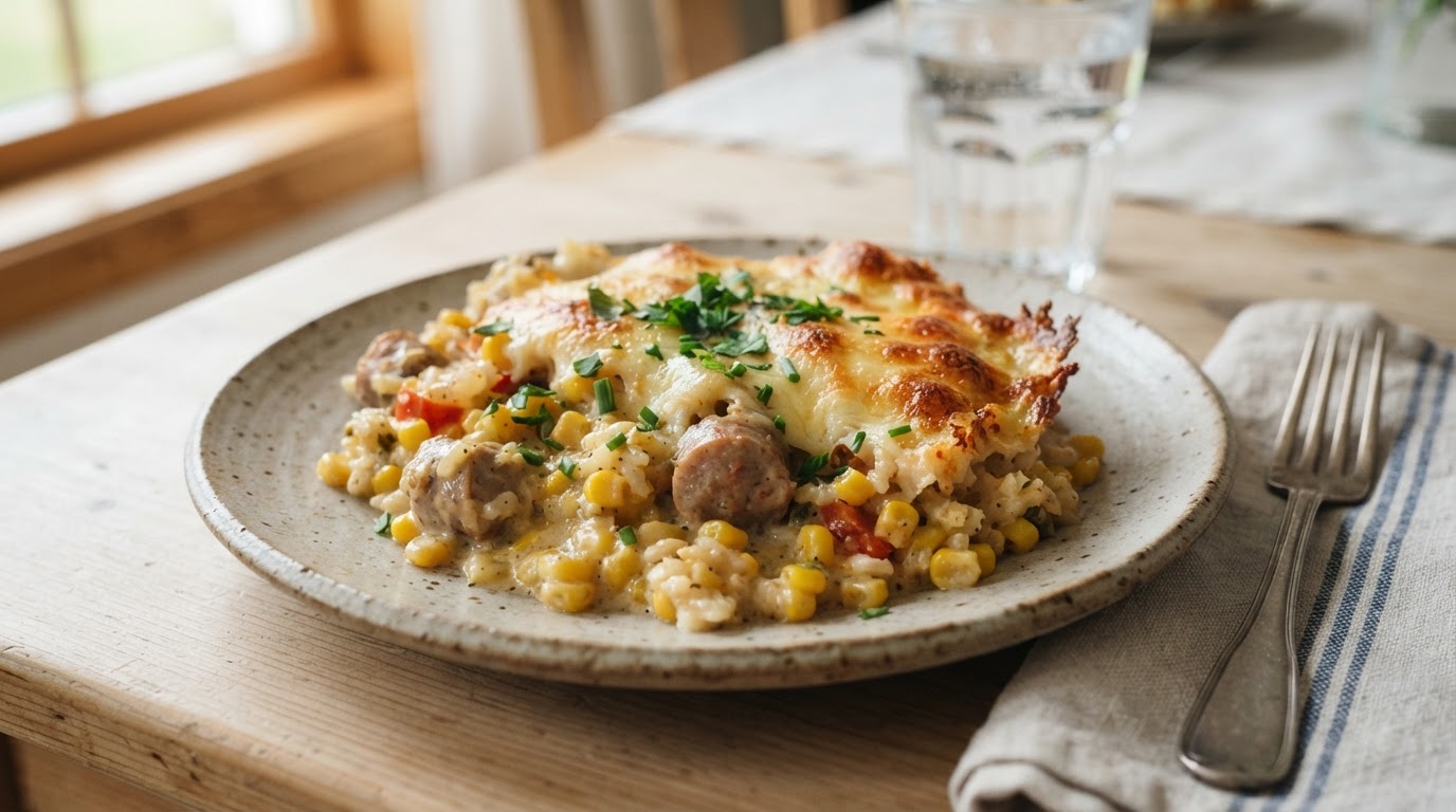 Kremet restegrateng med pølse, ris og fersk augustmais – slik ser retten ut
