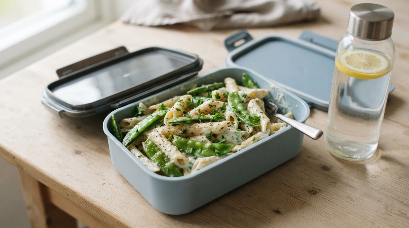 Kremet restepasta med kremost og sprø sukkererter – illustrasjonsbilde