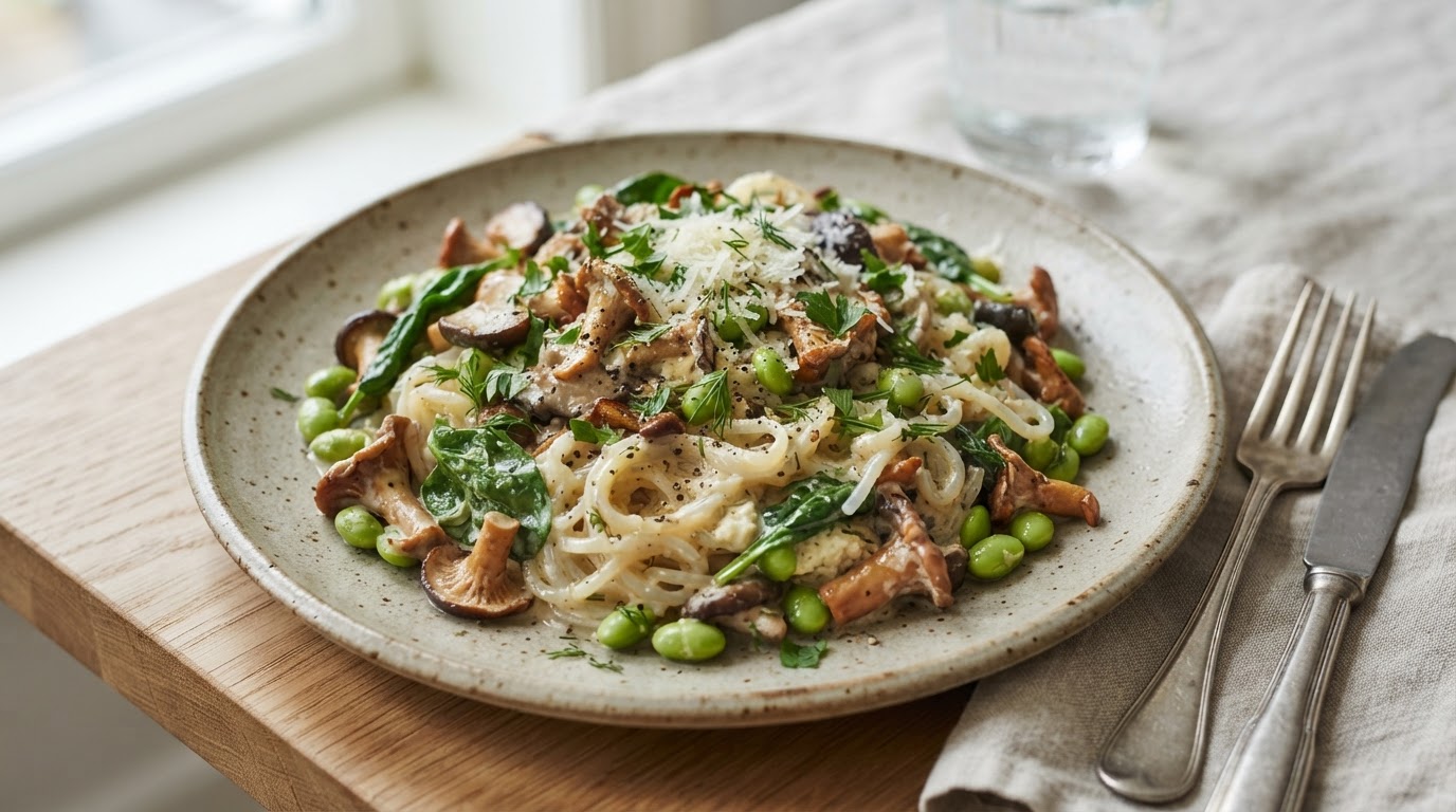 Kremet Ricottanudler med Fersk Norsk Sopp, Edamame og Sitron – slik ser retten ut