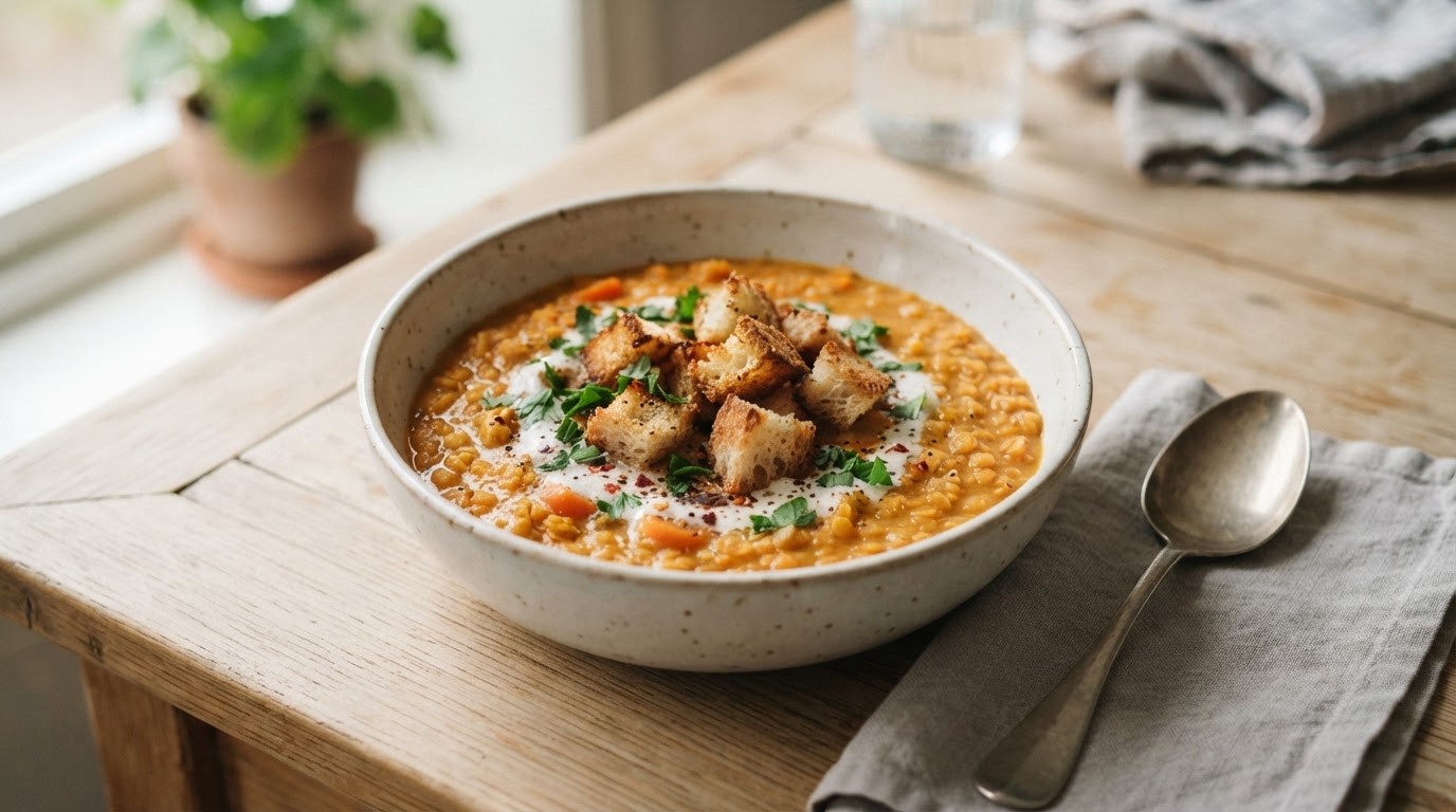 Kremet rød linsesuppe med kokosmelk og sprø brødkrutonger – illustrasjonsbilde