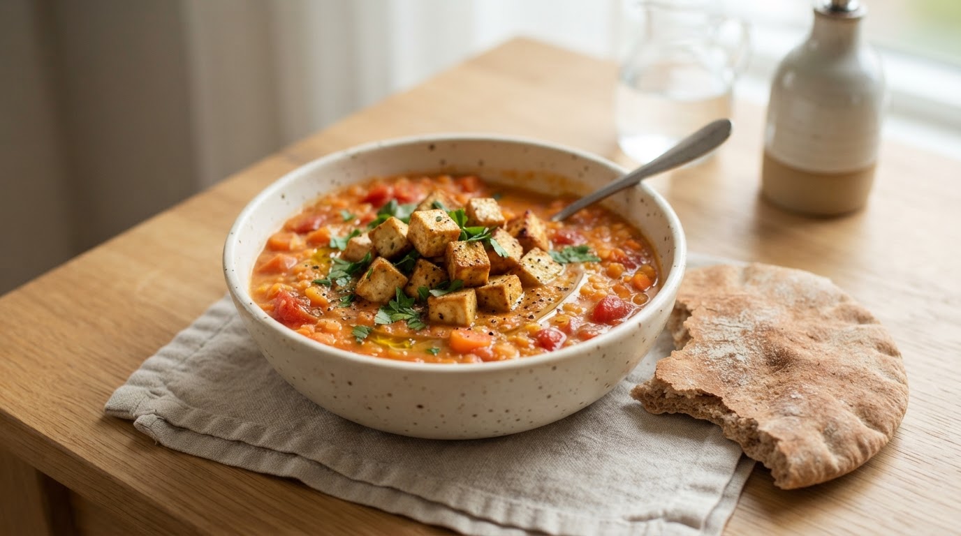 Kremet Rød Linsesuppe med Sprøstekt Tofu og Grovt Pitabrød – illustrasjonsbilde