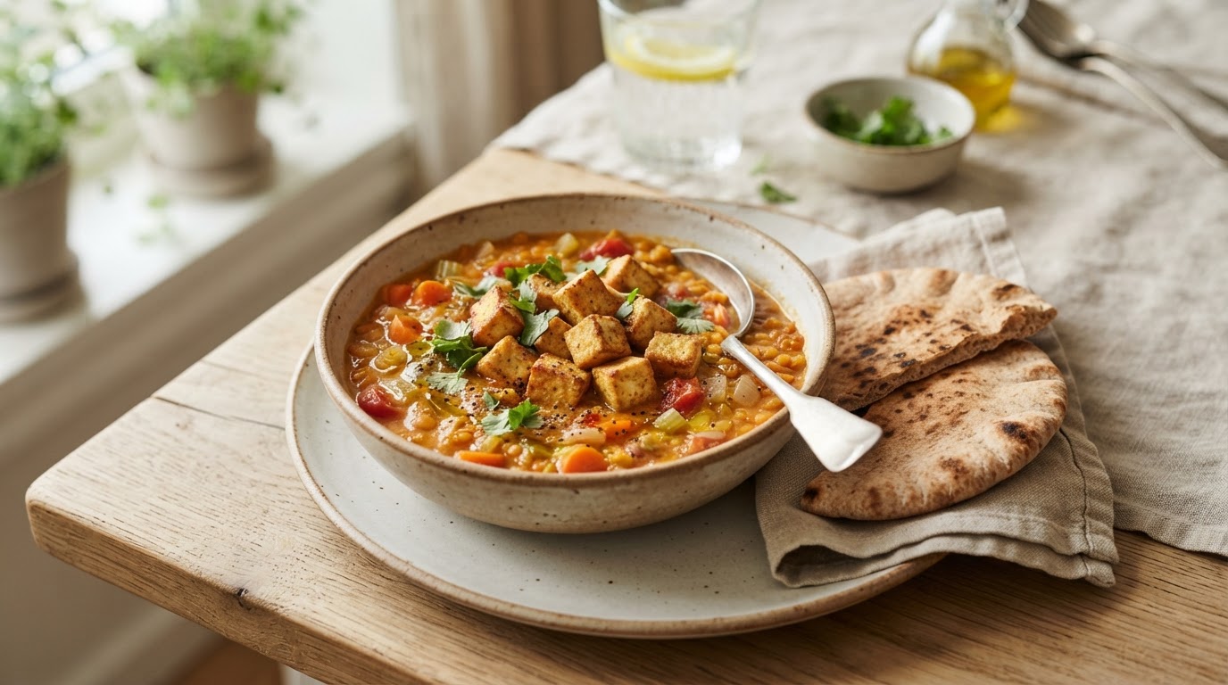 Kremet rød linsesuppe med sprøstekt tofu og pitabrød – illustrasjonsbilde