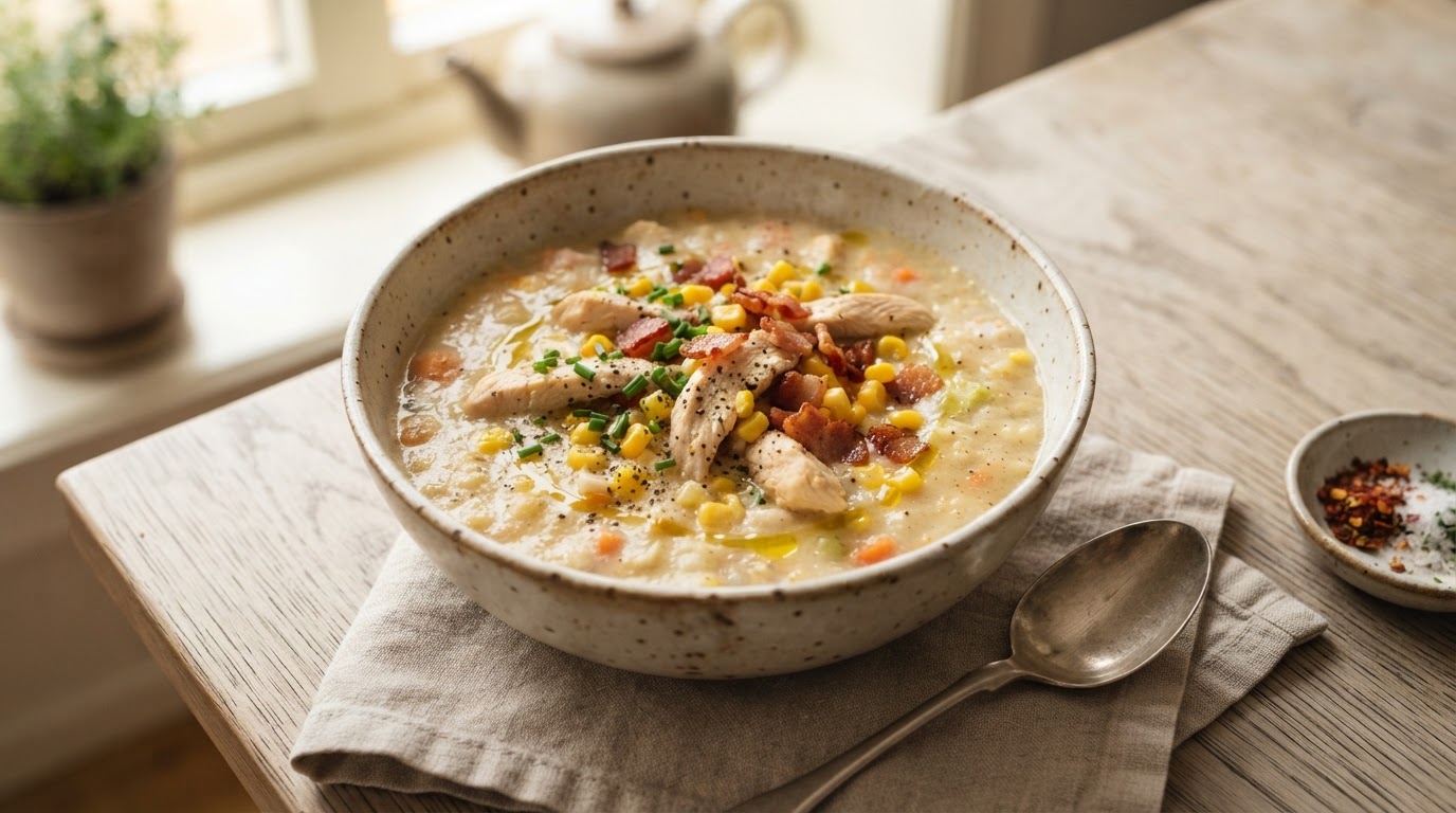 Kremet rotgrønnsakssuppe med kylling, fersk augustmais og sprøtt bacon – slik ser retten ut