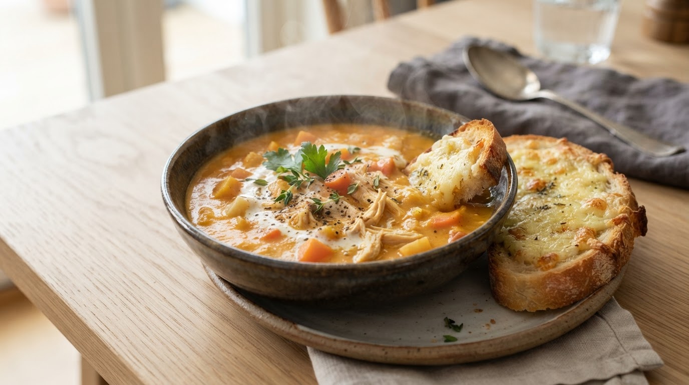 Kremet rotgrønnsakssuppe med kylling og gylne ostebrød – illustrasjonsbilde