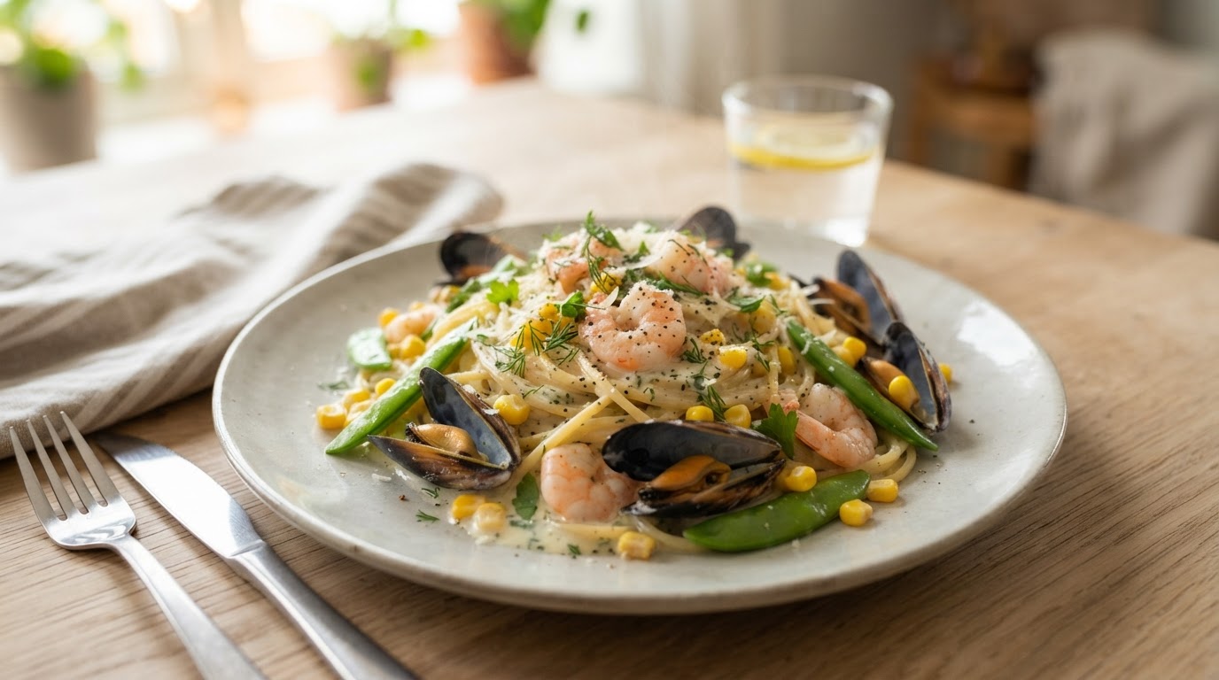 Kremet sjømatpasta med reker, blåskjell og fersk mais – slik ser retten ut