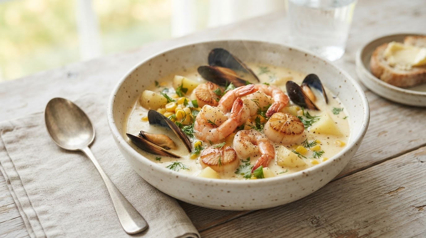 Kremet sjømatsuppe med reker, blåskjell og kamskjell – slik ser retten ut