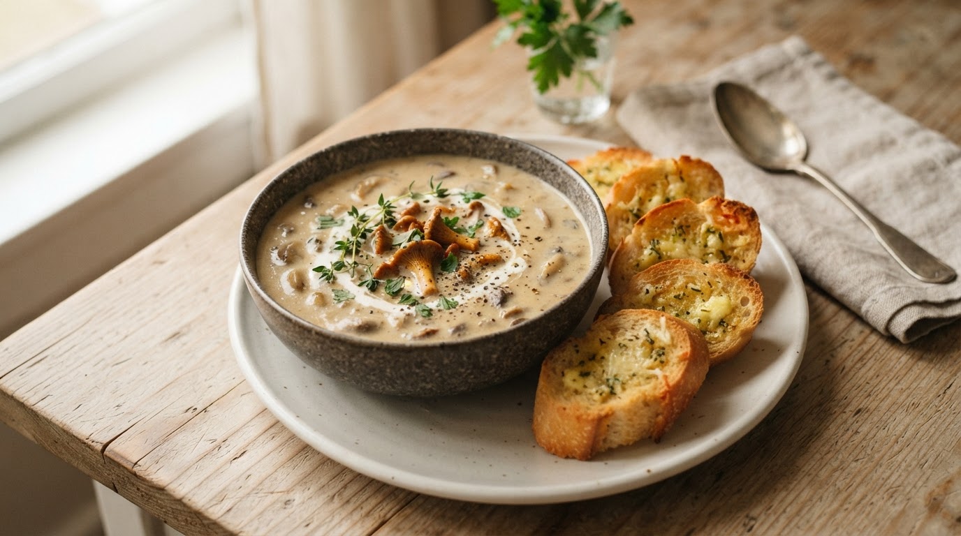 Kremet sopp- og kantarellsuppe med sprø hvitløksbaguetter – illustrasjonsbilde