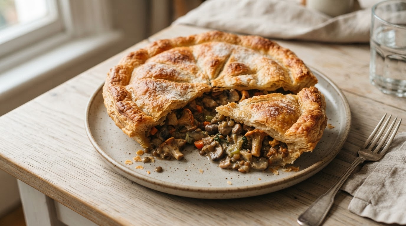 Kremet sopp- og linsepai med sprøtt butterdeiglokk – illustrasjonsbilde