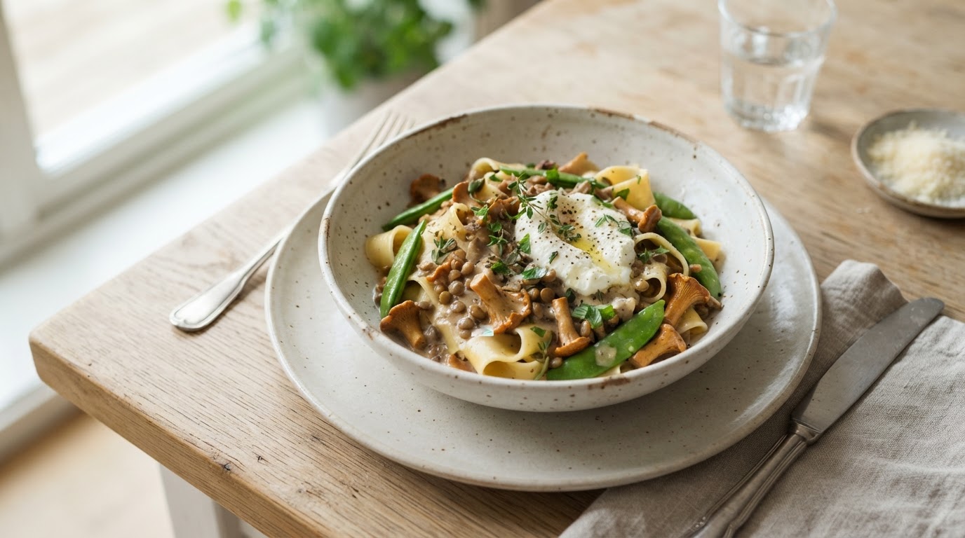 Kremet sopp- og linsepasta med kantareller og ricotta – illustrasjonsbilde