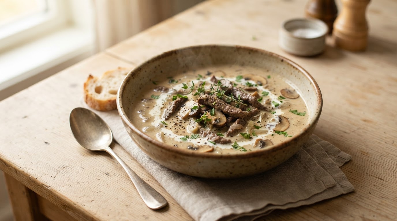 Kremet soppsuppe med saftige biffstrimler – illustrasjonsbilde