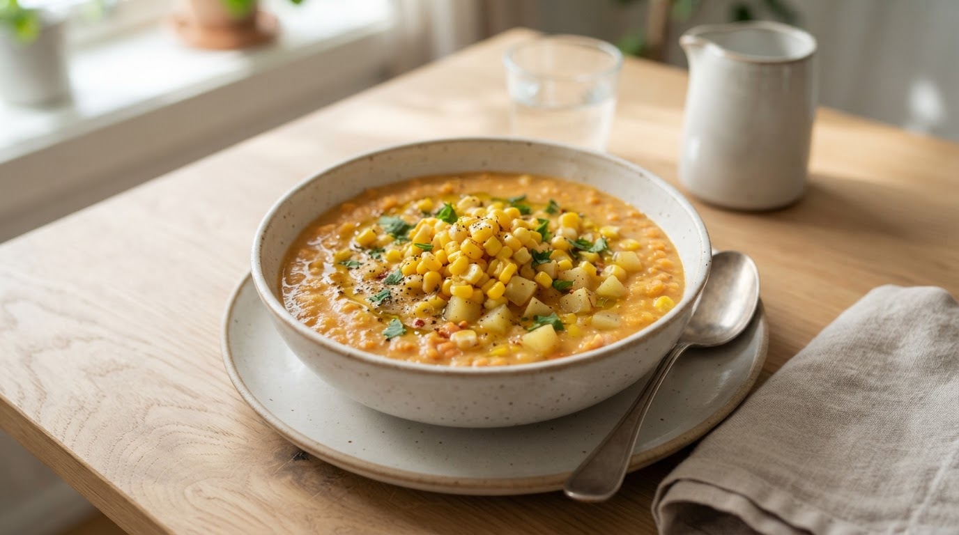 Kremet søtpotet- og linsesuppe med fersk norsk mais – slik ser retten ut
