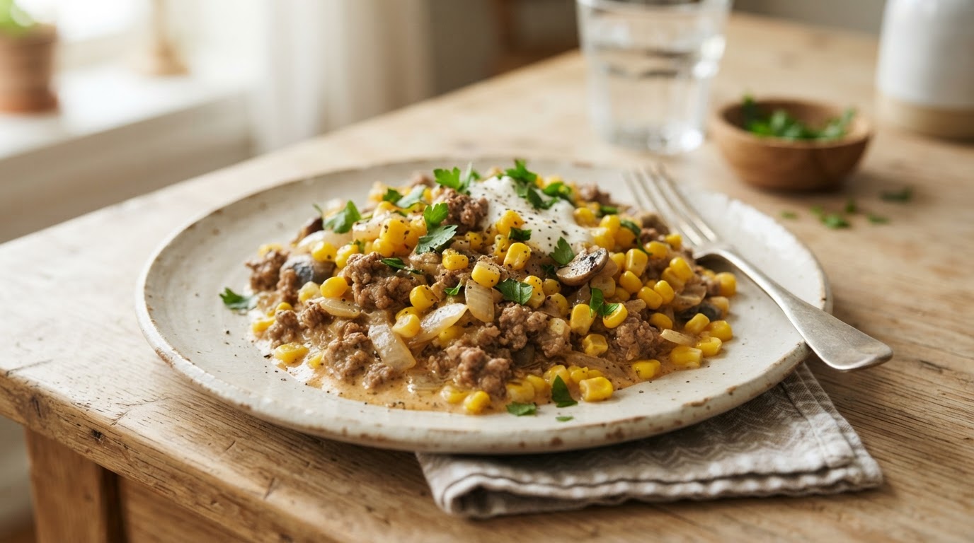 Kremet stroganoff med kjøttdeig og fersk mais – illustrasjonsbilde