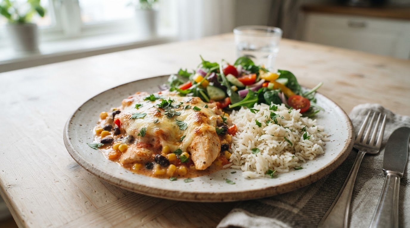 Kremet Tex-Mex Kyllingform med Ris – illustrasjonsbilde