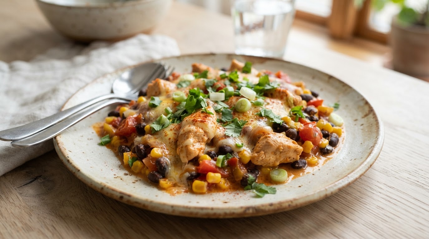 Kremet Tex-Mex kyllingpanne med bønner og ost – illustrasjonsbilde