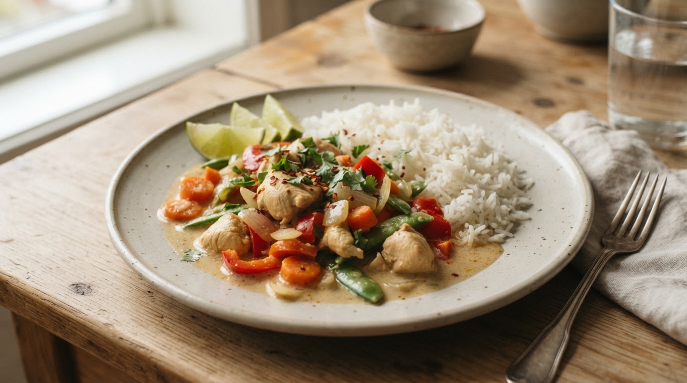 Kremet Thai Kyllinggryte med Kokosmelk og Ris – slik ser retten ut