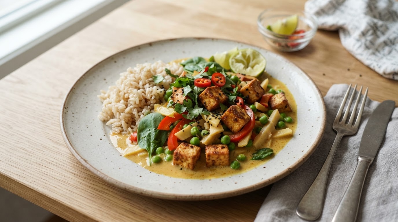 Kremet Thaicurry med Tofu og Grønnsaker – illustrasjonsbilde