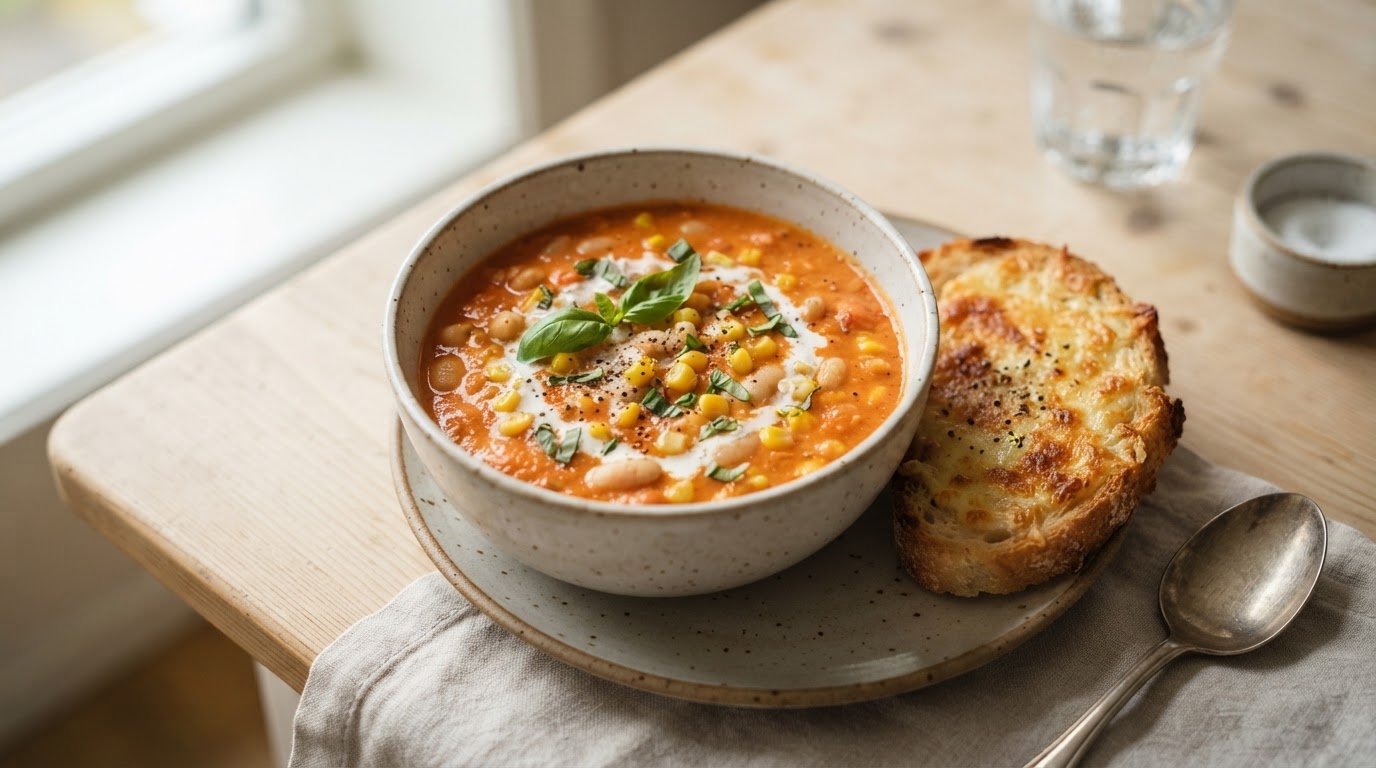 Kremet tomask- og bønnesuppe med fersk mais og ostetoast – illustrasjonsbilde