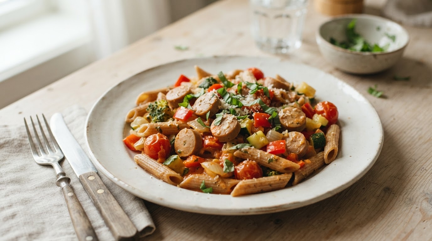 Kremet tomastpastagryte med melkefrie middagspølser og grønnsaker