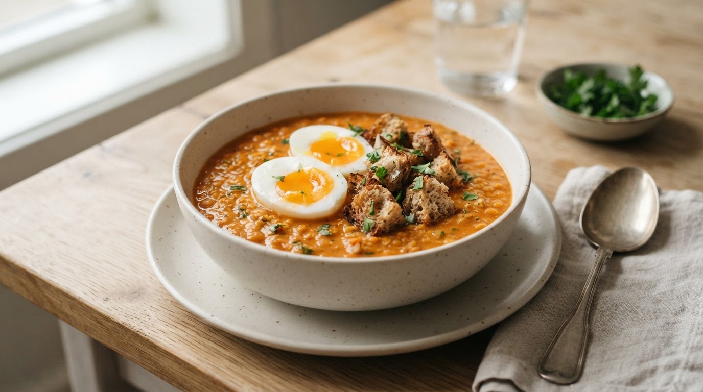 Kremet tomatsuppe med linser, kokt egg og grovkrutonger – illustrasjonsbilde